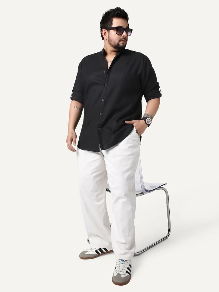Plus Men's Black Linen Blend Full Sleeve Relaxed Fit Mandarin Collar Casual Solid Shirt — photo 4