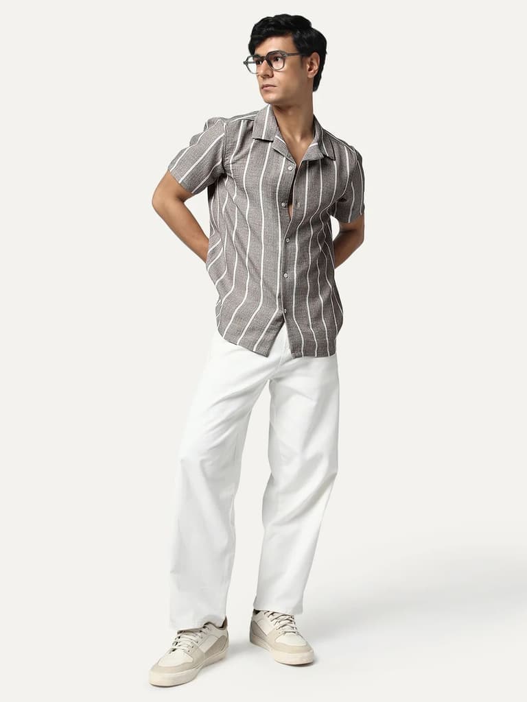 Men's Grey Cotton Half Sleeve Relaxed Fit Linen Striped Shirt with Cuban Collar — photo 5