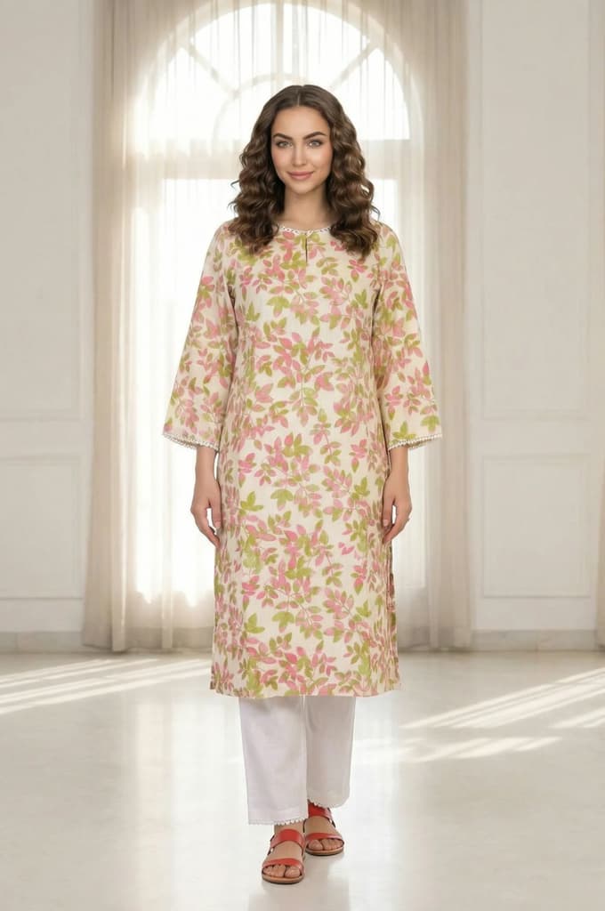 Off-White Floral Printed Pure Cotton Straight Kurta with Lace — XS