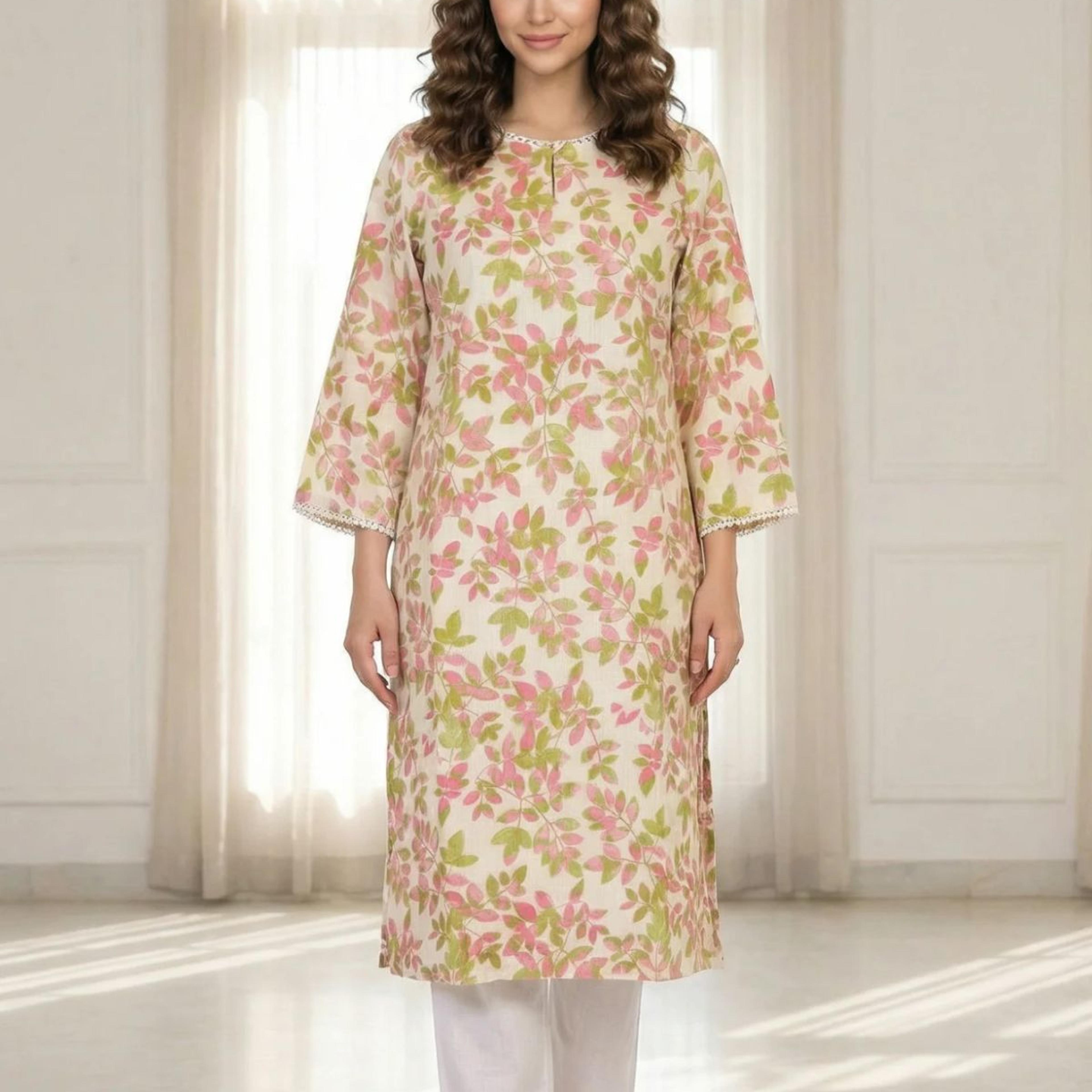 Off-White Floral Printed Pure Cotton Straight Kurta with Lace
