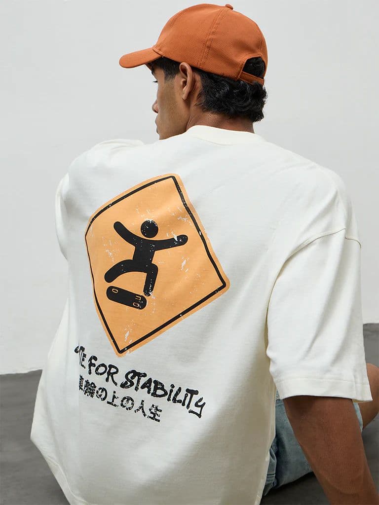 Nuon Off-White Text Printed Oversized Cotton T-Shirt — photo 3