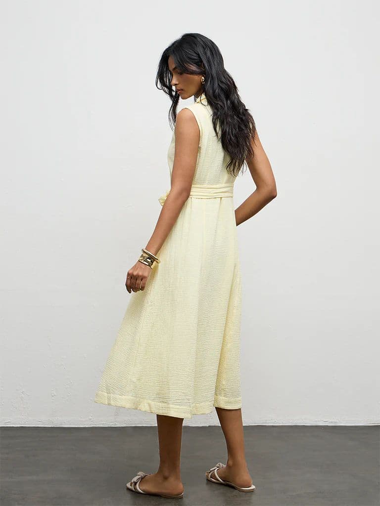 LOV Light Yellow Crinkle-Textured Cotton A-Line Dress — photo 4