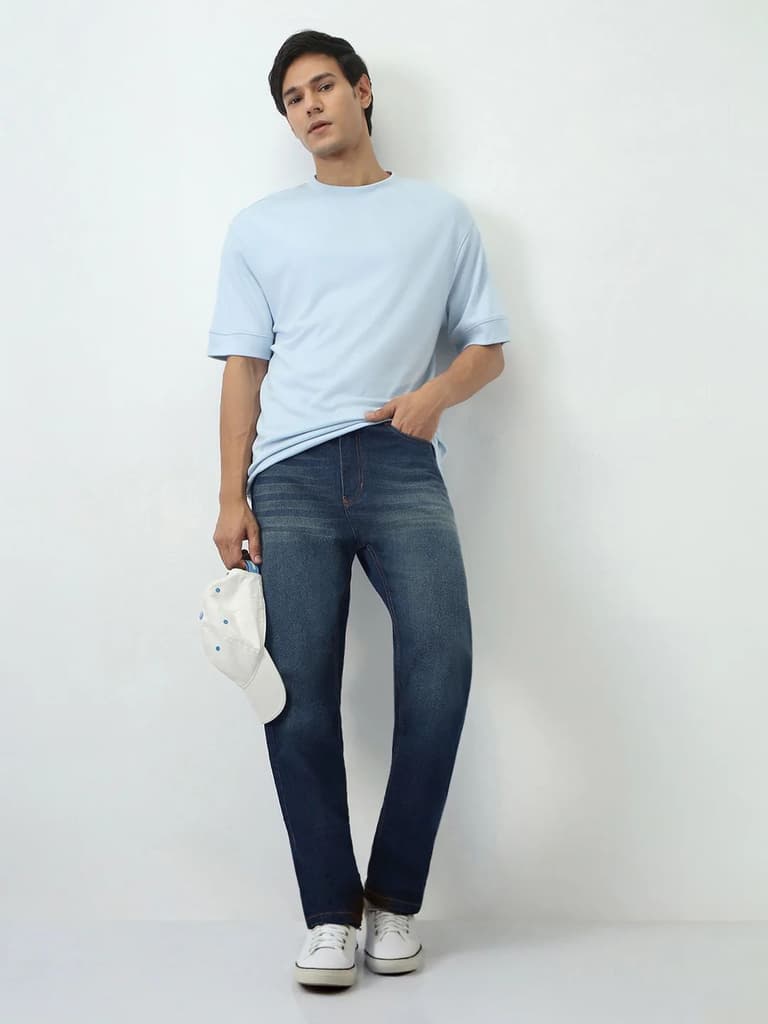 Men's Dark Blue Straight Fit Heavy Washed Jeans Stretchable — photo 4