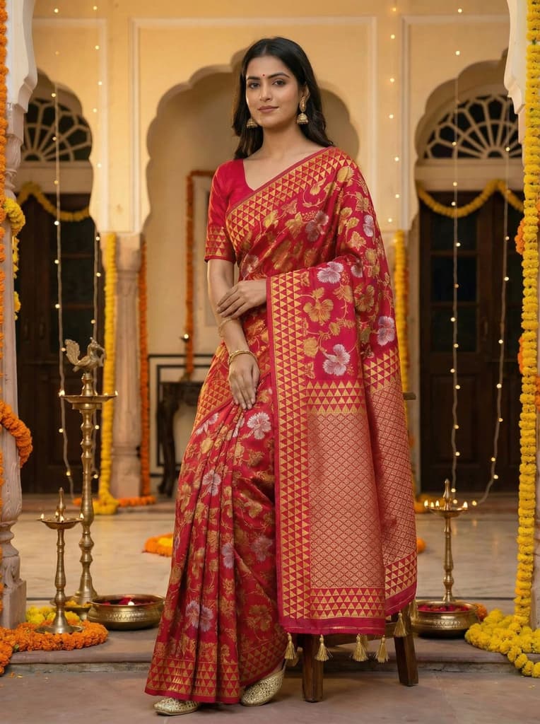 MIMOSA Women's Woven Design Kanjivaram Style Art Silk Saree with Blouse Piece - Rani ( SA00003152RNFREE ) — photo 4