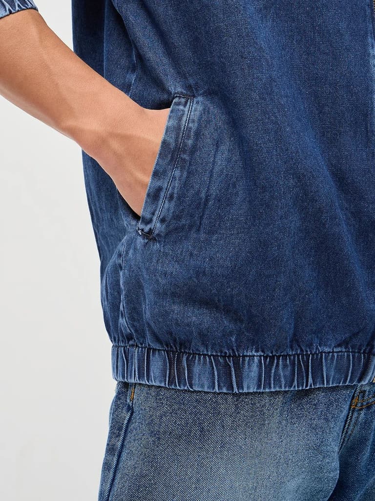 Men's Blue Relaxed Fit Full Sleeve Harrington Denim Jacket — photo 7