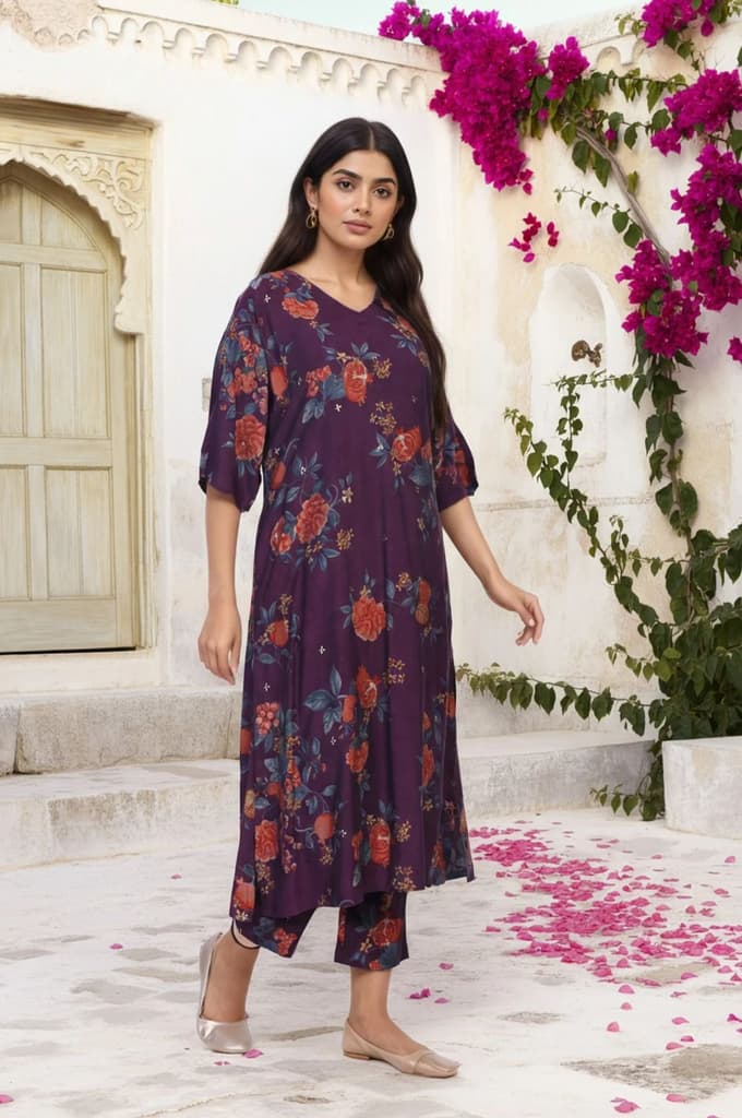 Purple Floral Printed A-line Rayon Kurta with Pant Set — photo 4