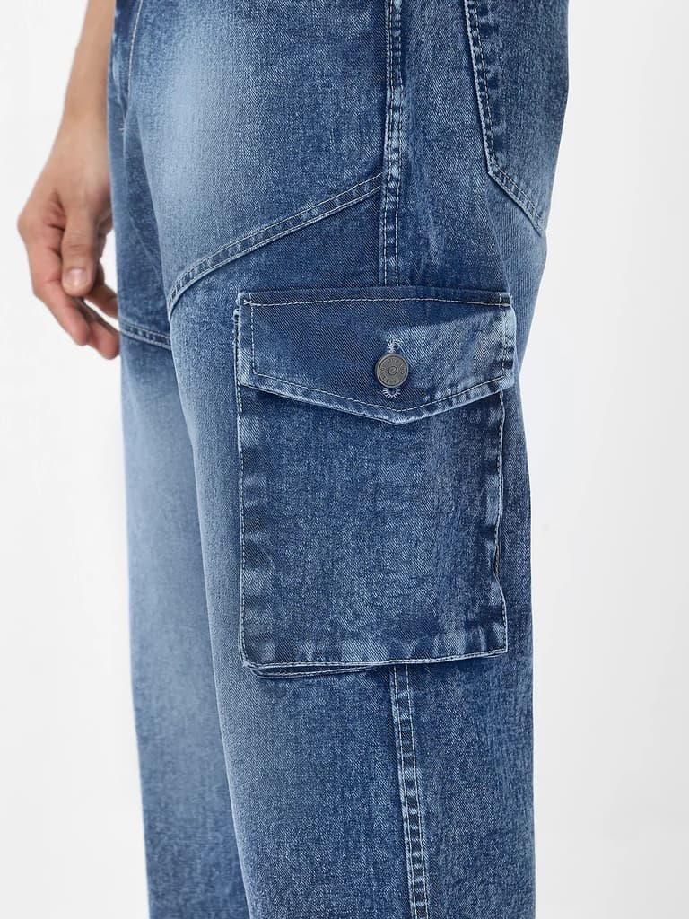 Men's Blue Loose Fit Cargo Jeans With 7 Pockets Non Stretchable — photo 5