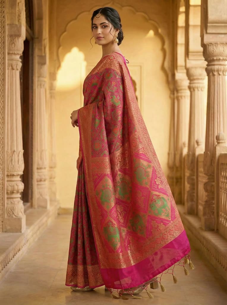 MIMOSA Women's Woven Design Paithani Style Raw Silk Saree with Blouse Piece - Rani ( SA00003128RNFREE ) — photo 2
