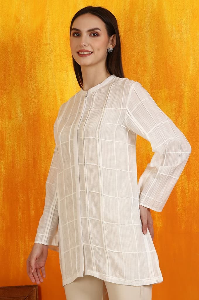 White Cotton Dobby Textured Top with Pleats — photo 4