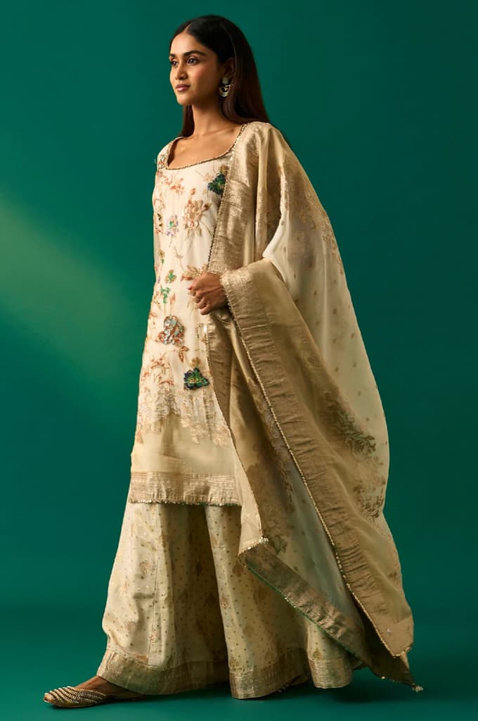 Beige Embroidered Straight Tissue Kurta with Sharara and Dupatta Set — photo 3