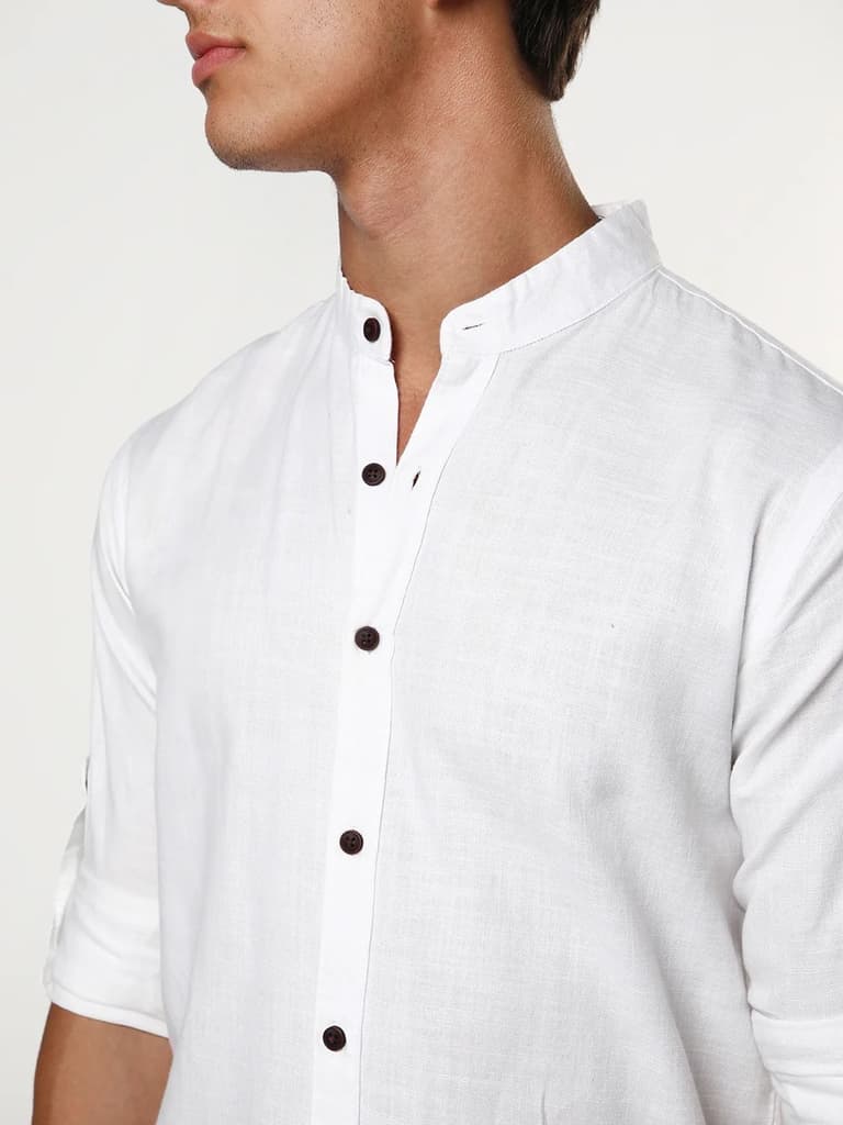 Men's White Linen Blend Full Sleeve Relaxed Fit Mandarin Collar Casual Solid Shirt — photo 6
