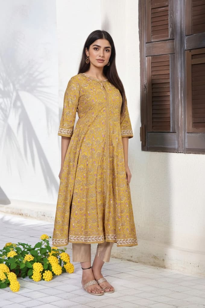 Mustard Floral Printed Anarkali Rayon Kurta — photo 4