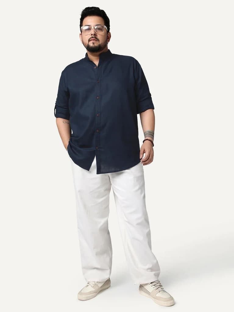 Plus Men's Navy Linen Blend Full Sleeve Relaxed Fit Mandarin Collar Casual Solid Shirt — photo 4