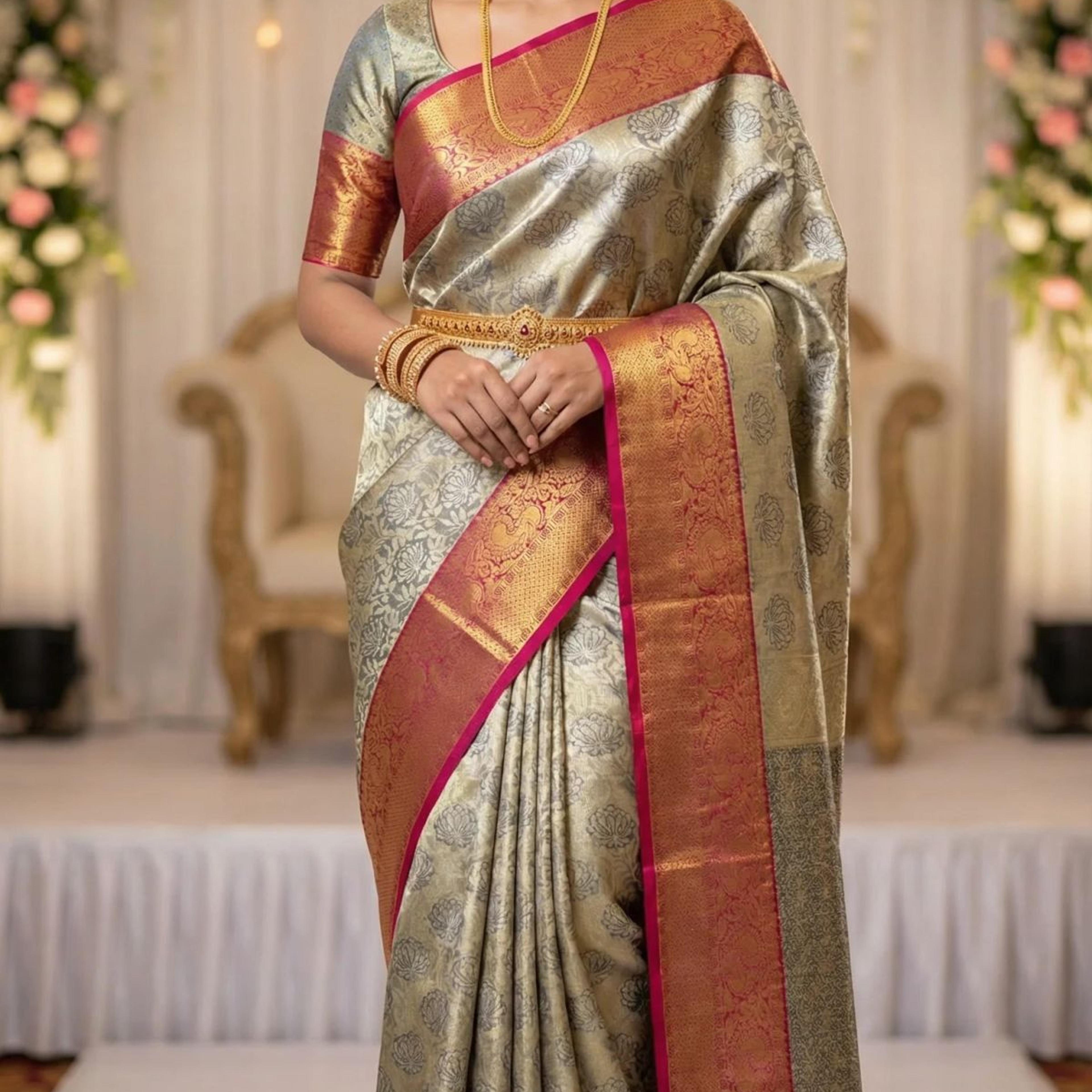 MIMOSA Women's Woven Design Kanjivaram Style Art Silk Saree with Blouse Piece - Navy Blue (SA00002446NVFREE)