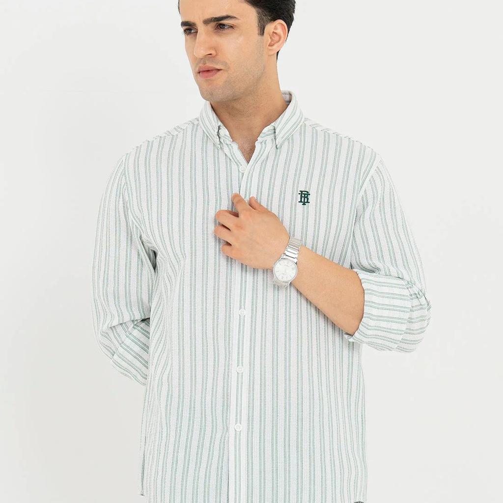 Shirts for Men in White and Green | Striped Full Sleeve Casual Shirt