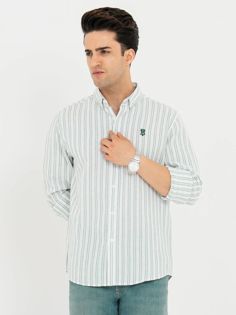 Shirts for Men in White and Green | Striped Full Sleeve Casual Shirt — S / White Green