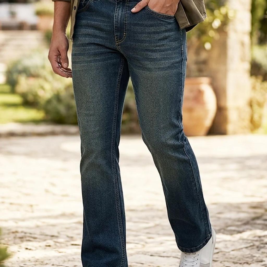 Men's Light Blue Bootcut Fit Mid Rise Heavy Washed Jeans Stretchable