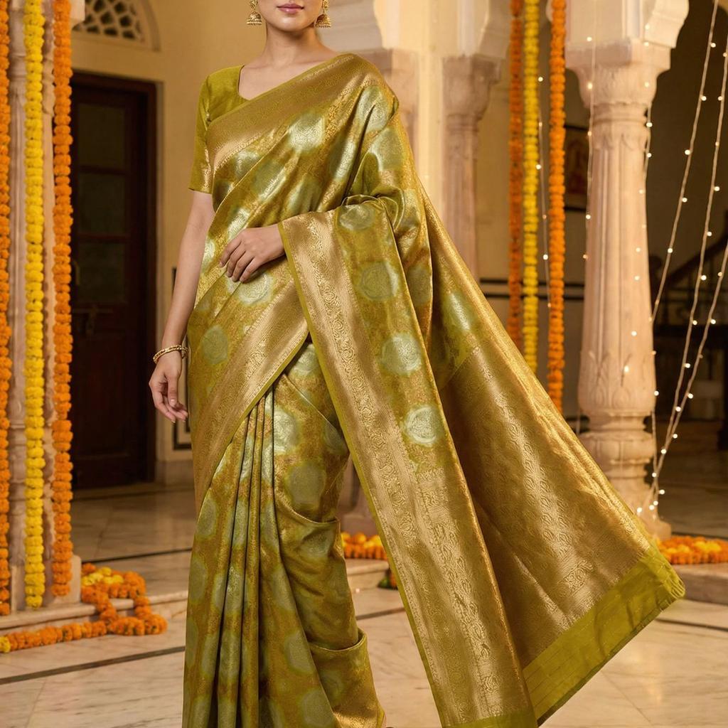 MIMOSA Women's Woven Design Kanjivaram Style Art Silk Saree with Blouse Piece - Olive ( SA00002246OLFREE )