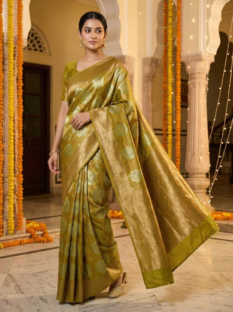 MIMOSA Women's Woven Design Kanjivaram Style Art Silk Saree with Blouse Piece - Olive ( SA00002246OLFREE ) — Default Title