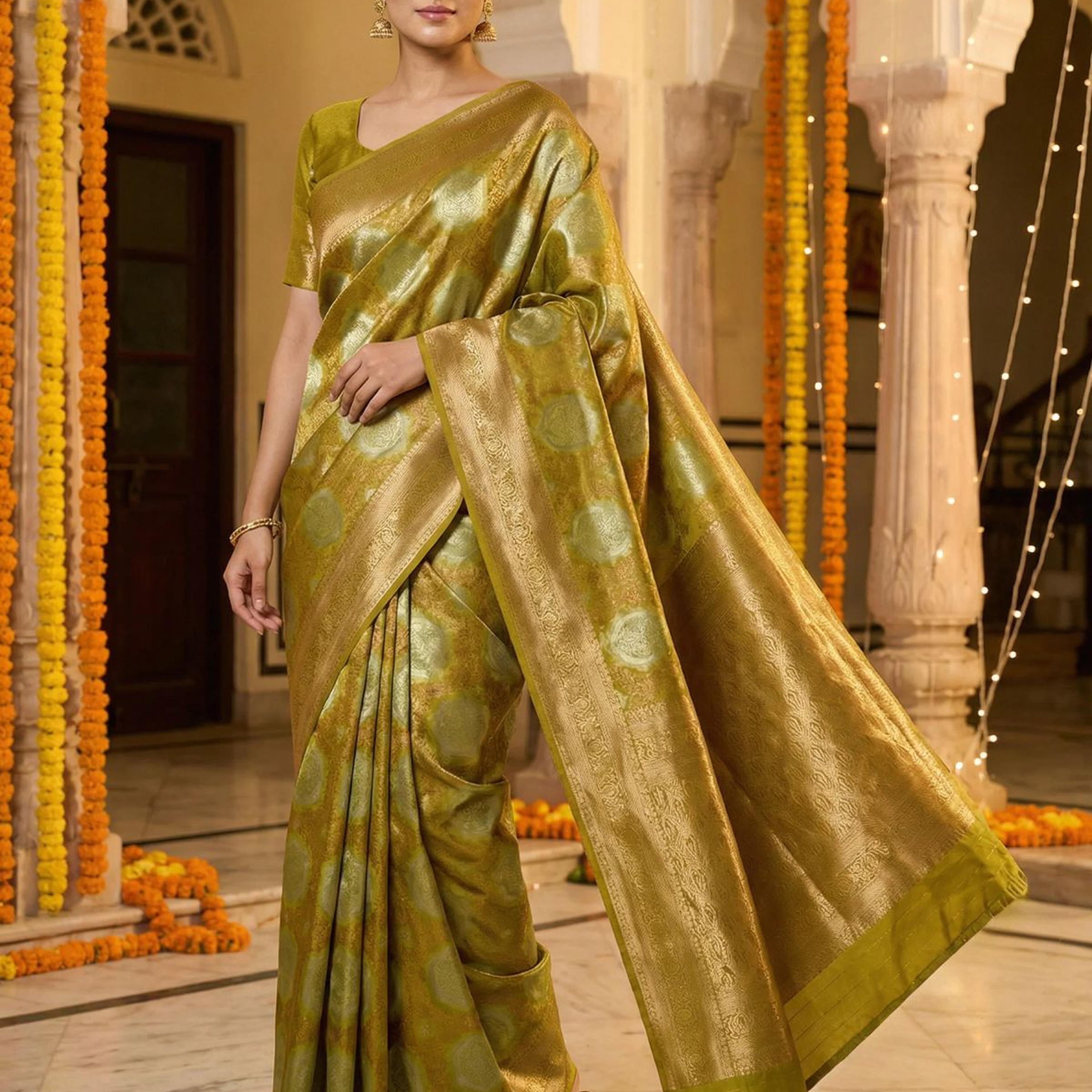 MIMOSA Women's Woven Design Kanjivaram Style Art Silk Saree with Blouse Piece - Olive ( SA00002246OLFREE )