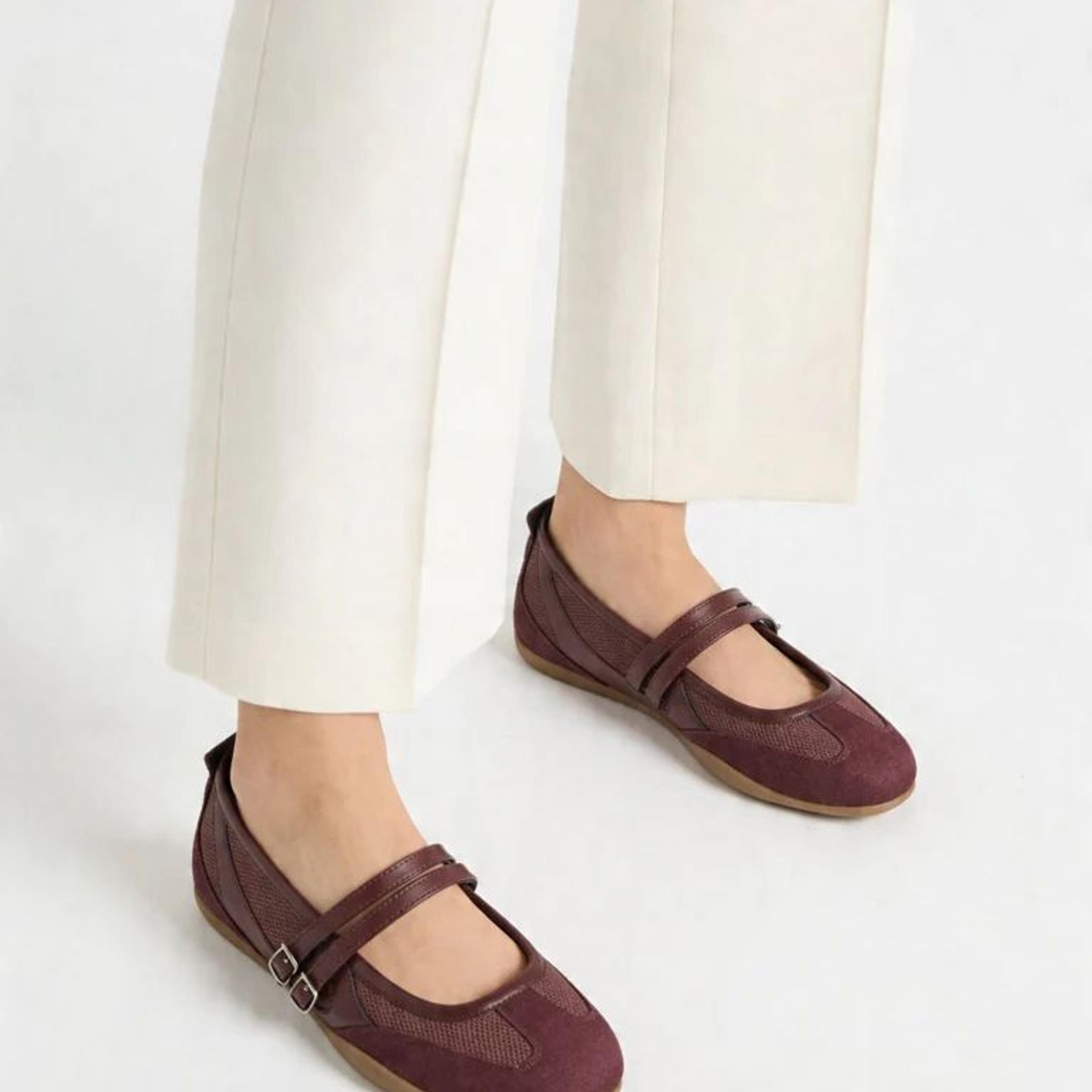 LUNA BLU Burgundy Mesh-Detailed Mary Jane Shoes