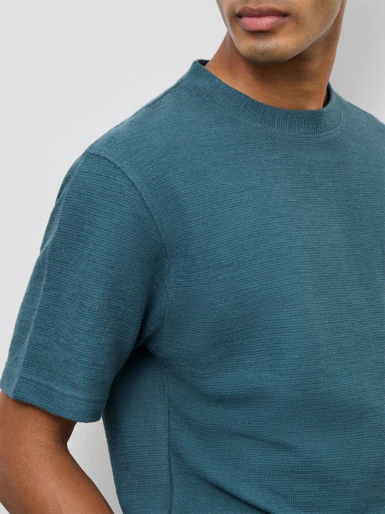 ETA Teal Textured Relaxed-Fit Cotton-Blend T-Shirt — photo 4