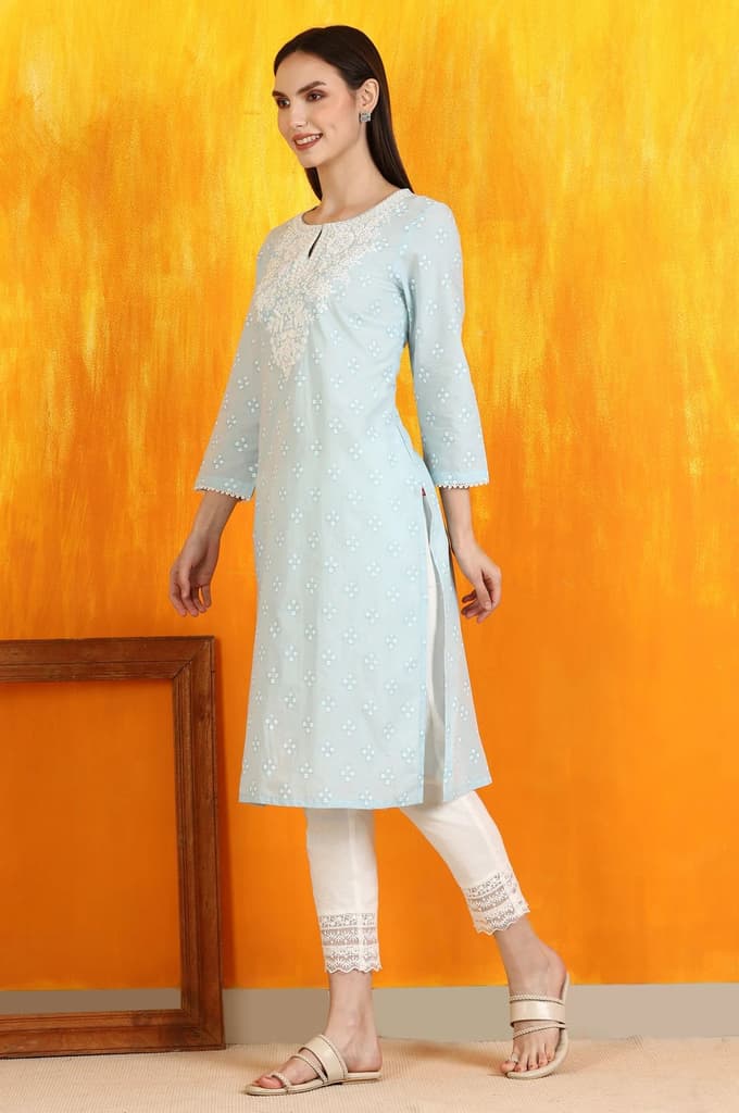 Light Blue Printed Pure Cotton Straight Kurta with Embroidery — photo 5