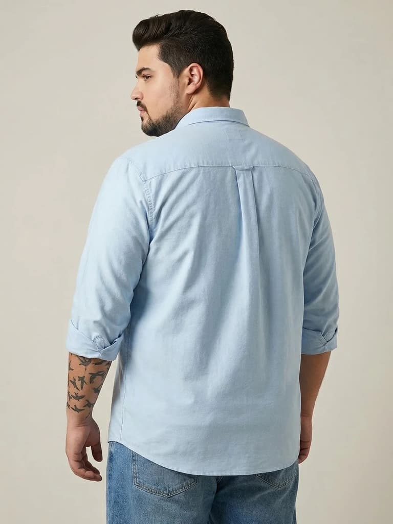 Plus Men's Light Blue Cotton Full Sleeve Regular Fit Solid Oxford Shirt With Button-Down Collar — photo 3