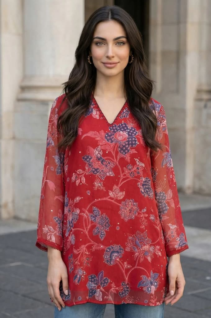 Red Floral Printed Chiffon Straight Top — photo 6