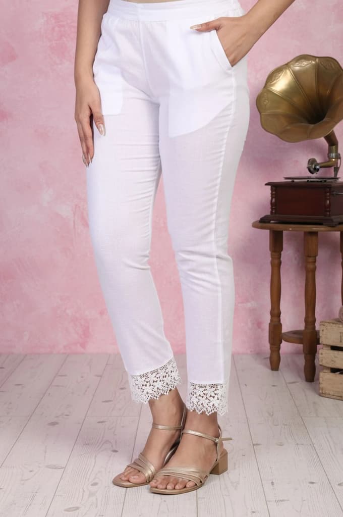 White Lace Trim Slim-Fit Cotton Pant — photo 4
