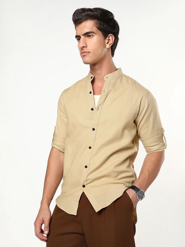 Men's Beige Linen Blend Full Sleeve Relaxed Fit Mandarin Collar Casual Solid Shirt — photo 3