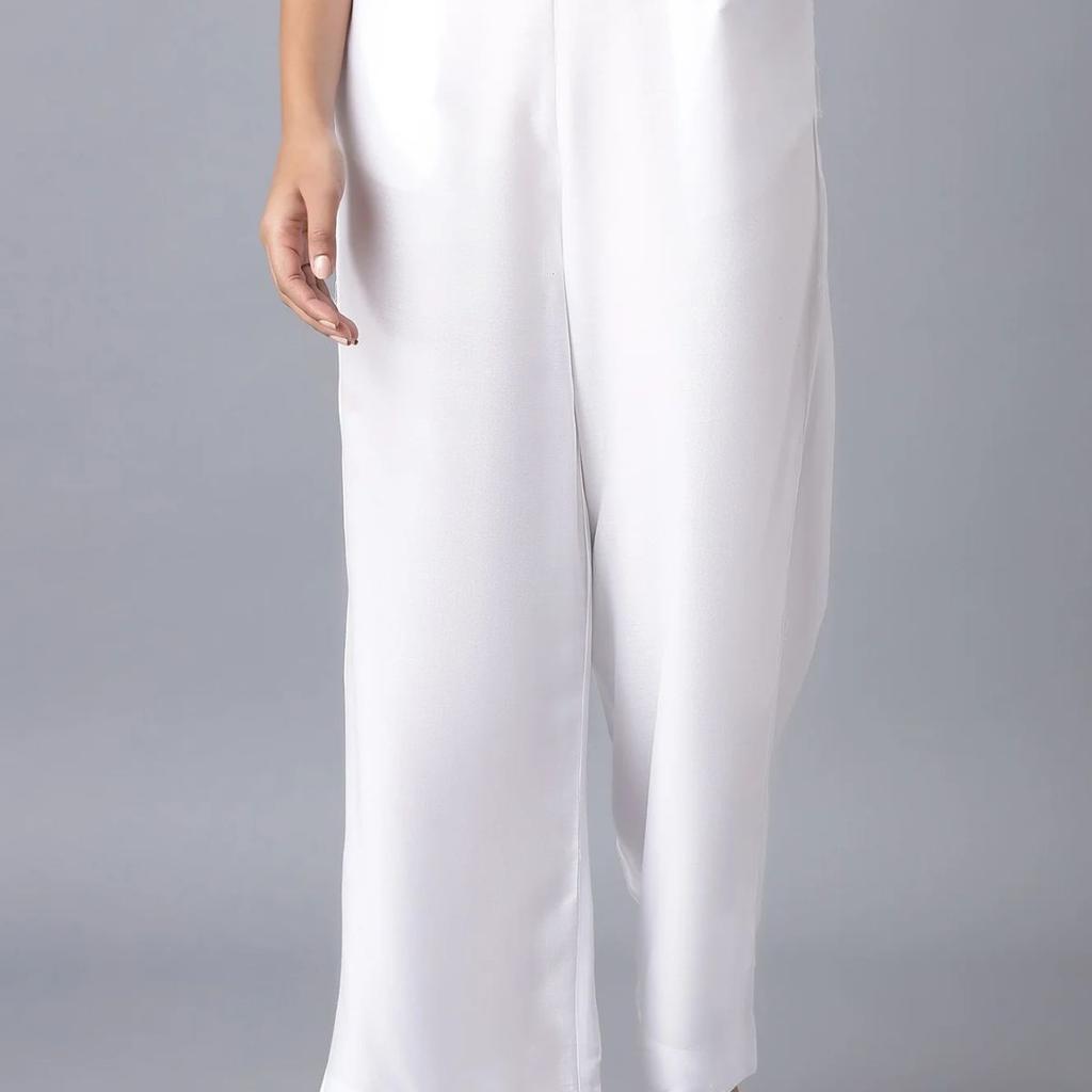 Elleven Women's White Solid Relaxed Fit Ankle Length High Rise Palazzo