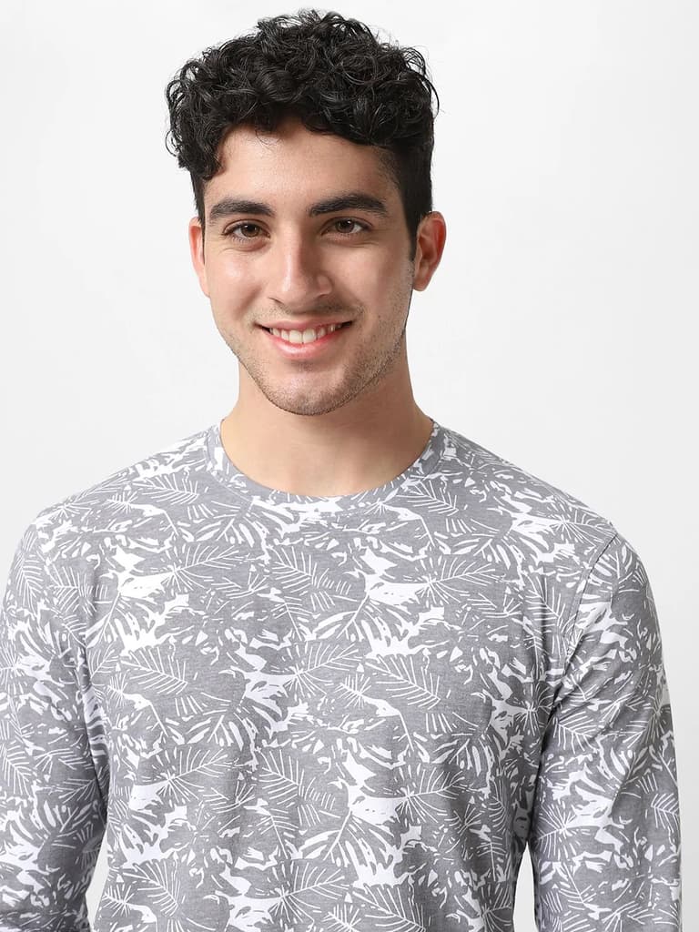Men's White Grey Printed Full Sleeve Slim Fit Cotton T-Shirt — photo 5