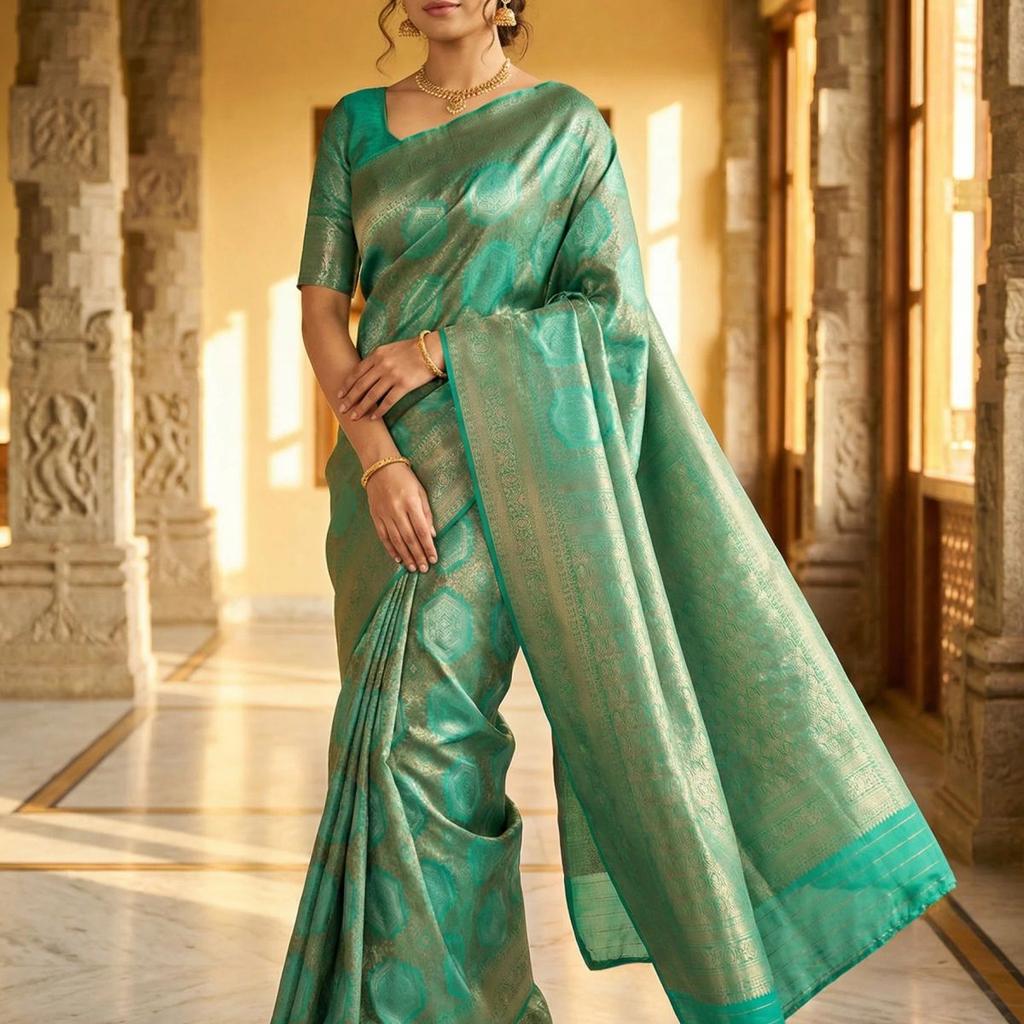 MIMOSA Women's Woven Design Kanjivaram Style Art Silk Saree with Blouse Piece - Rama ( SA00002246RMFREE )