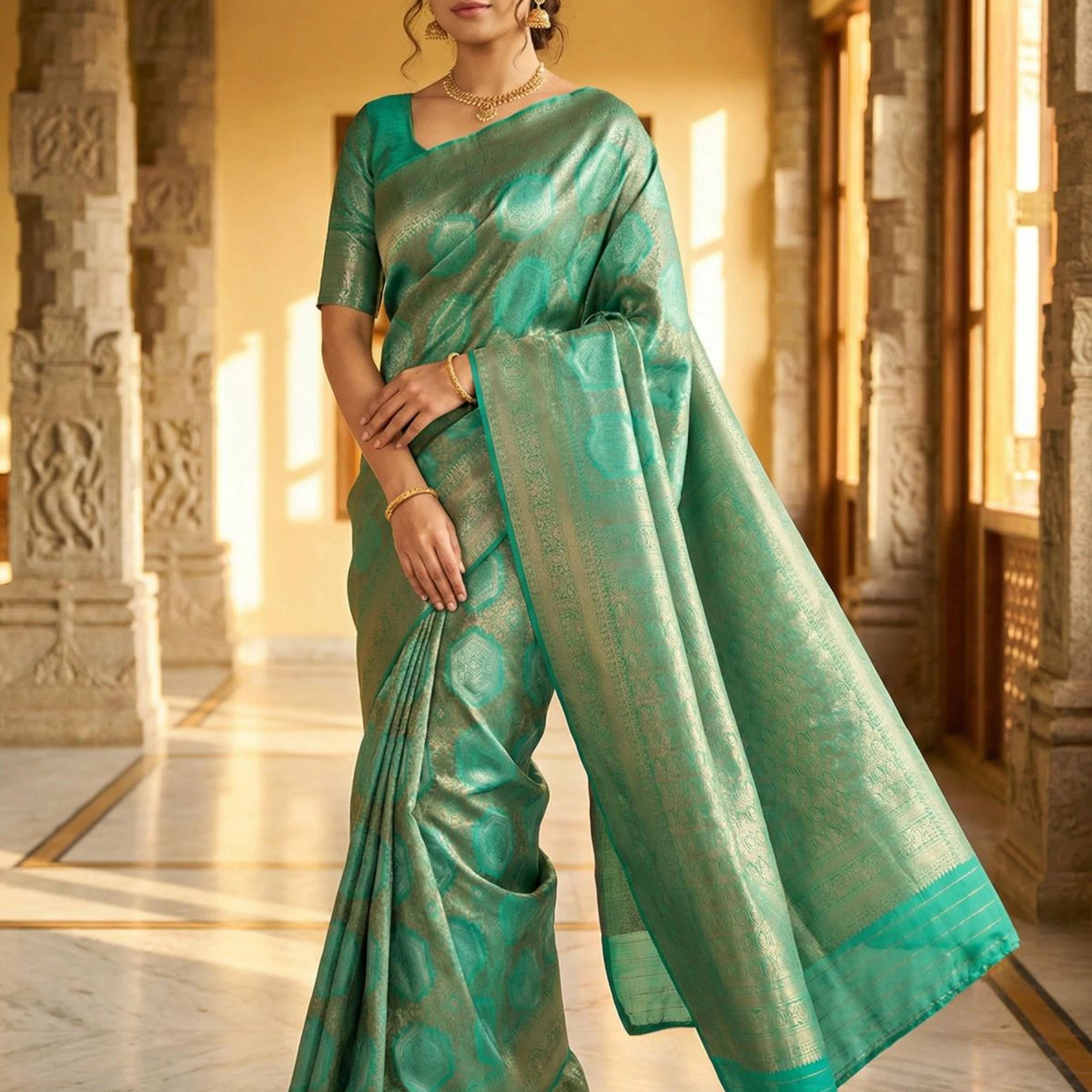 MIMOSA Women's Woven Design Kanjivaram Style Art Silk Saree with Blouse Piece - Rama ( SA00002246RMFREE )