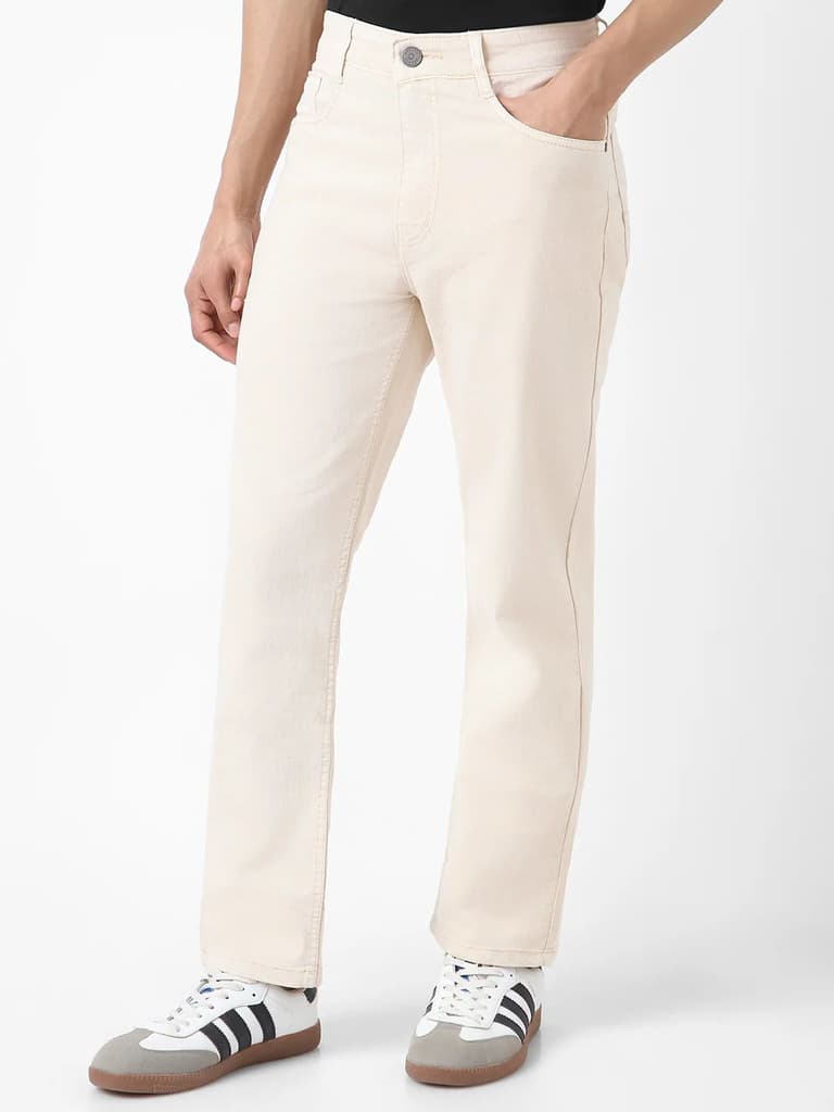 Men's Ecru Straight Fit Washed Jeans Stretchable — photo 2