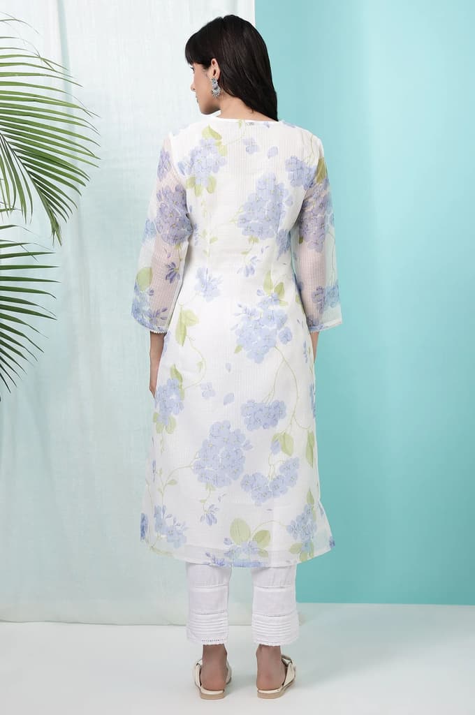 White Floral Printed Kota Straight Kurta — photo 6
