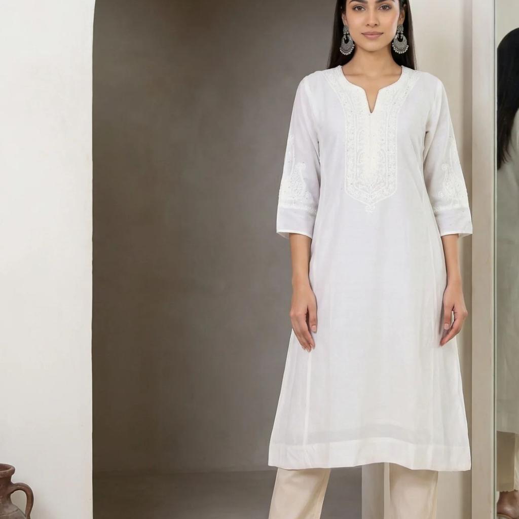 White Thread Embroidered Cotton Blend Straight Kurta