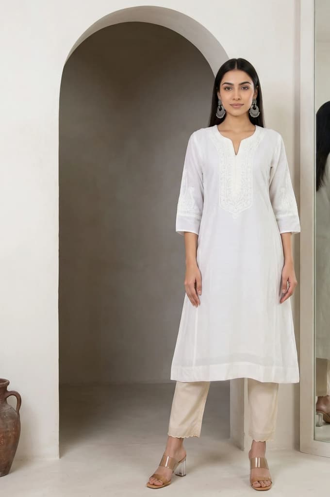White Thread Embroidered Cotton Blend Straight Kurta — XS