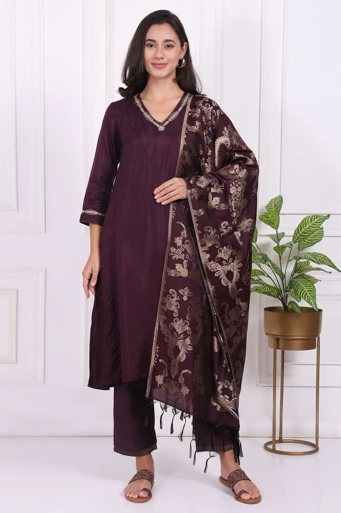 Maroon Embroidered Silk Straight Kurta, Pants and Dupatta Set — photo 2