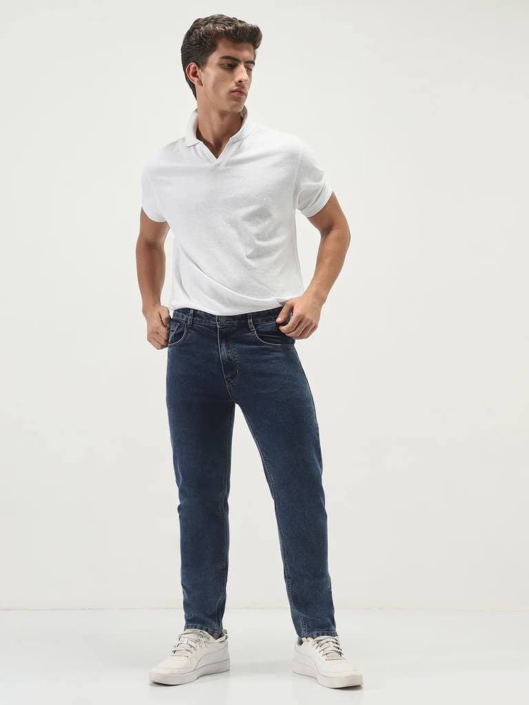 Men's Dark Blue Slim Fit Washed Denim Jeans Stretchable — photo 4