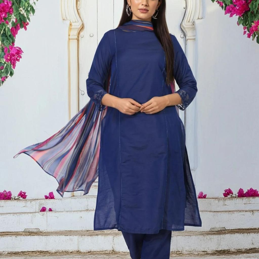 Navy Blue Solid Lace Trim Straight Kurta with Straight Pant and Dupatta Set