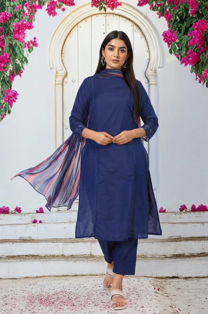 Navy Blue Solid Lace Trim Straight Kurta with Straight Pant and Dupatta Set — XS