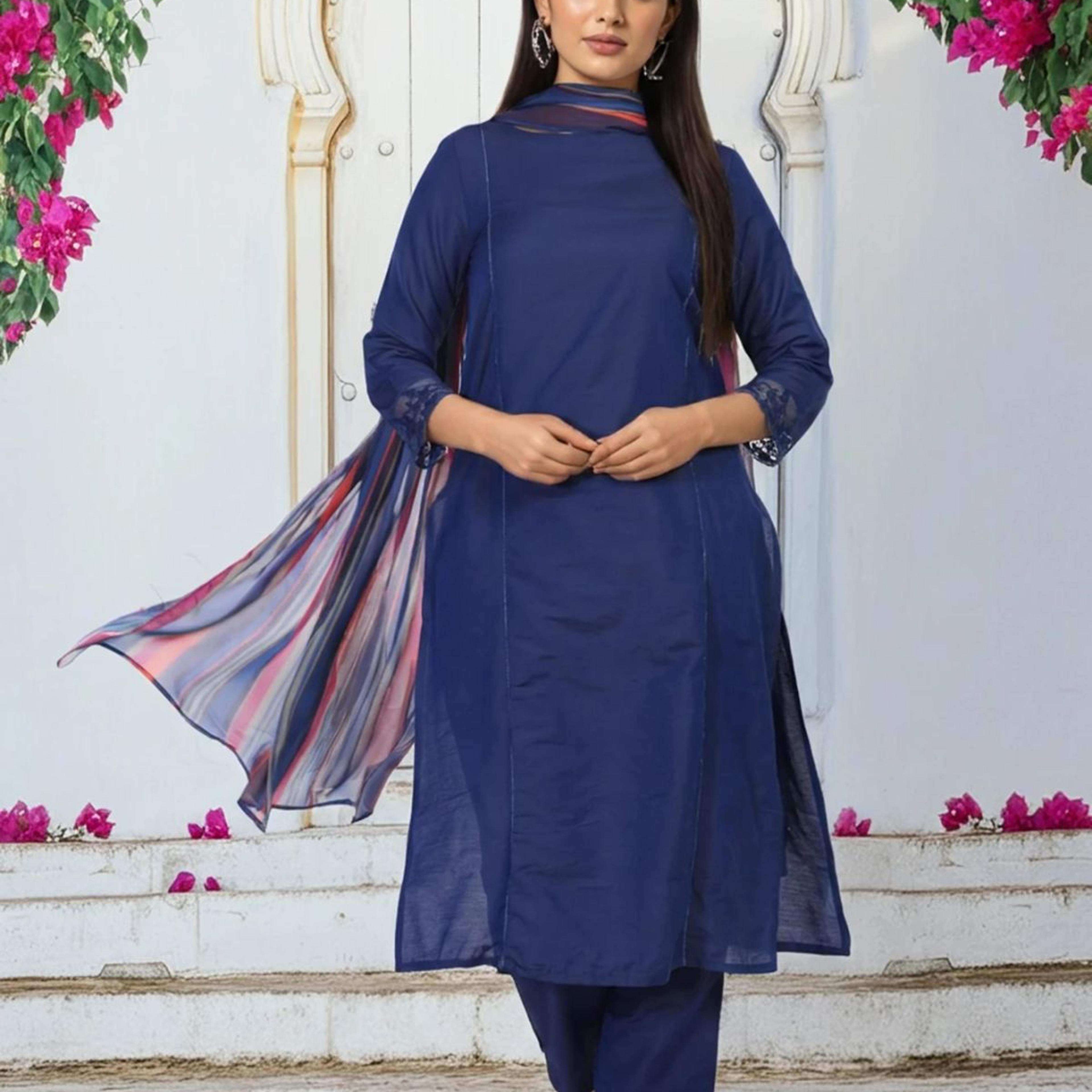 Navy Blue Solid Lace Trim Straight Kurta with Straight Pant and Dupatta Set