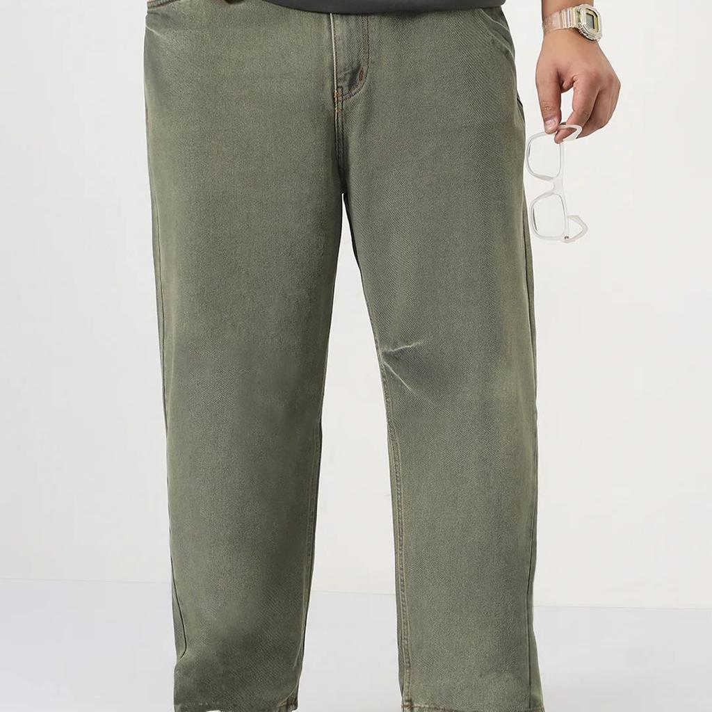 Plus Men's Light Green Loose Baggy Fit Washed Jeans Non-Stretchable
