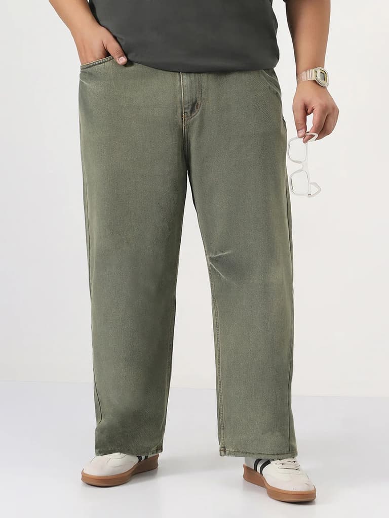 Plus Men's Light Green Loose Baggy Fit Washed Jeans Non-Stretchable — 36 / Light Green