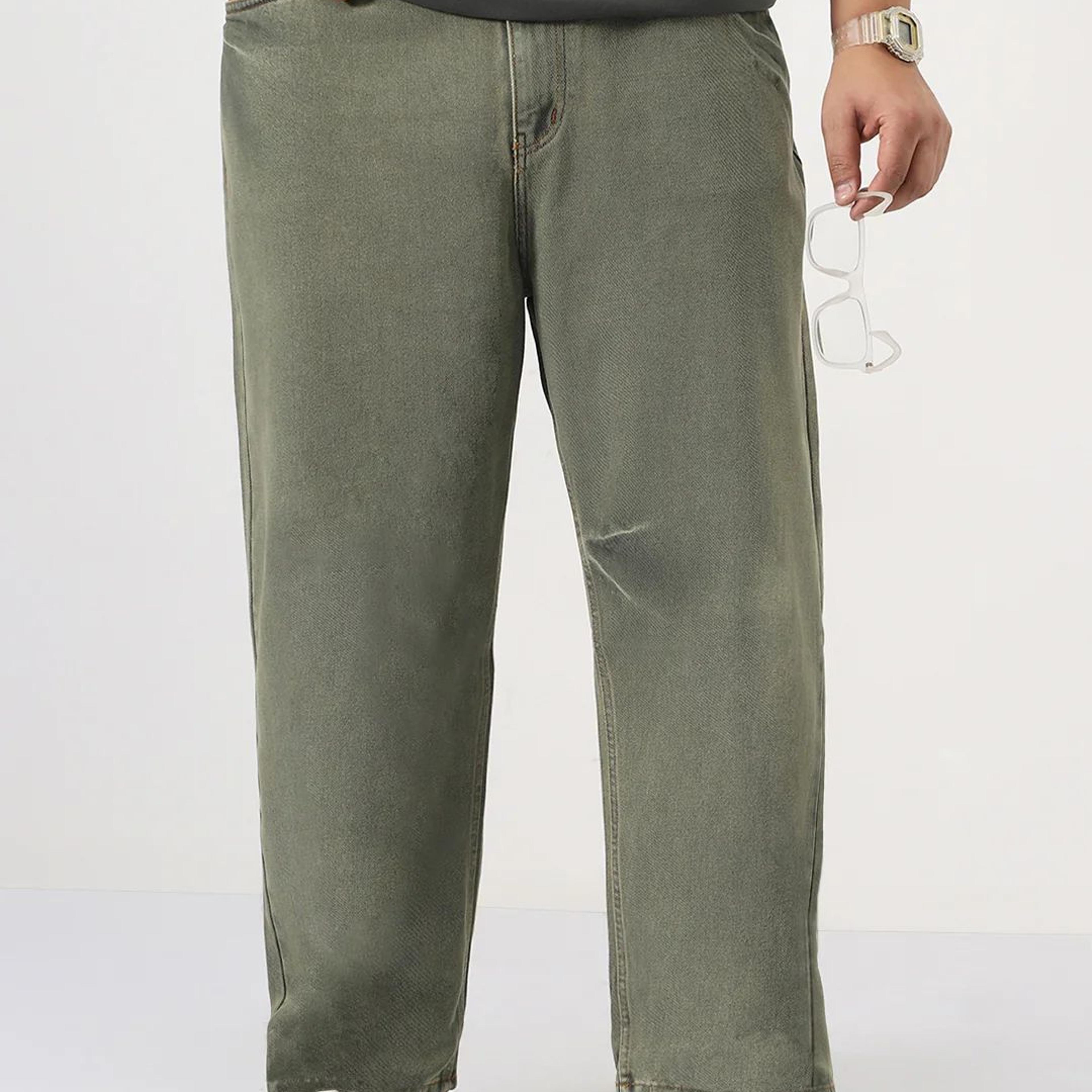 Plus Men's Light Green Loose Baggy Fit Washed Jeans Non-Stretchable