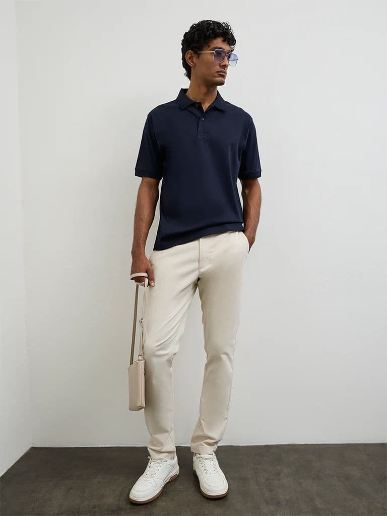 WES Casuals Navy Relaxed-Fit Cotton Polo T-Shirt