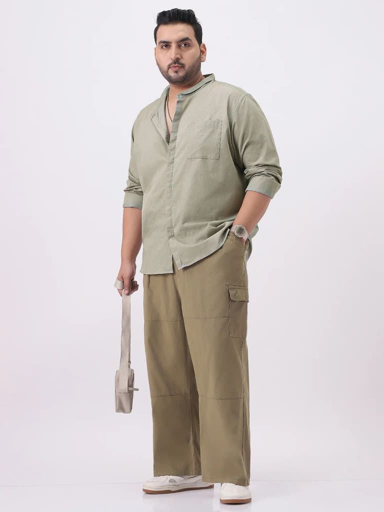 Plus Men's Light Olive Cotton Full Sleeve Regular Fit Casual Solid Shirt with Band Collar — photo 4