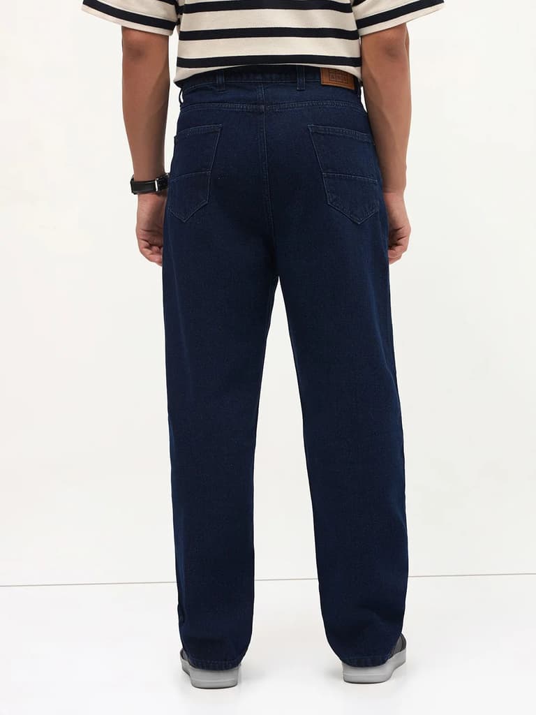 Men's Dark Blue Loose Baggy Fit Raw Washed Denim Jeans Non-Stretchable — photo 4